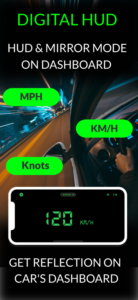 GPS Speedometer & MPH Odometer - Display digital HUD e modo espelho para reflexão do painel do carro no aplicativo Velocímetro GPS