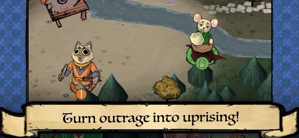 Root Board Game - Un chat et une souris de factions différentes sur une carte forestière dans l'application Jeu de Société Root avec une bannière indiquant "Transformer l'indignation en soulèvement"
