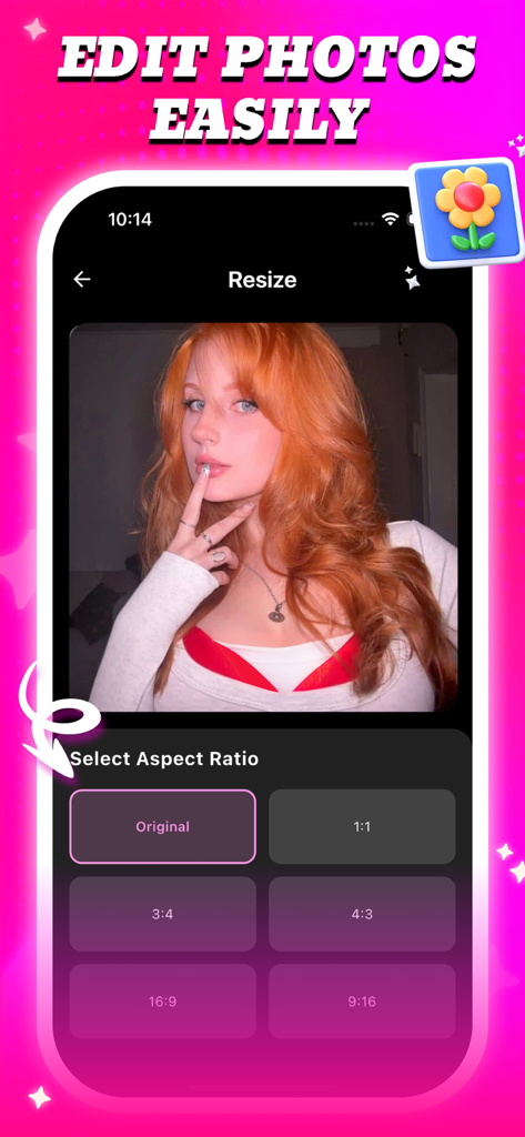 Bevo - - Interfaz de la aplicación Bevo mostrando la herramienta de redimensionamiento con múltiples opciones de relación de aspecto para la edición de fotos