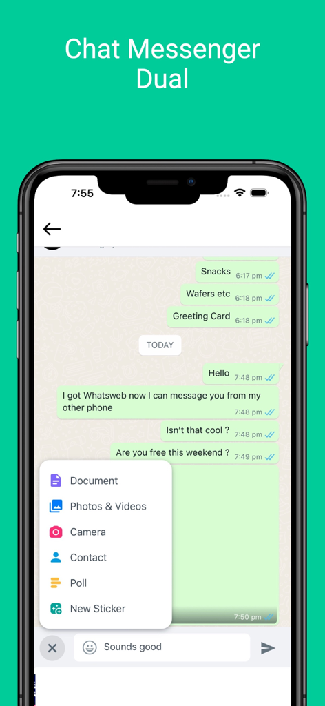 Web Messenger Chat Dual - A chat interface of the Web Messenger Chat Dual app on a smartphone showing messaging features