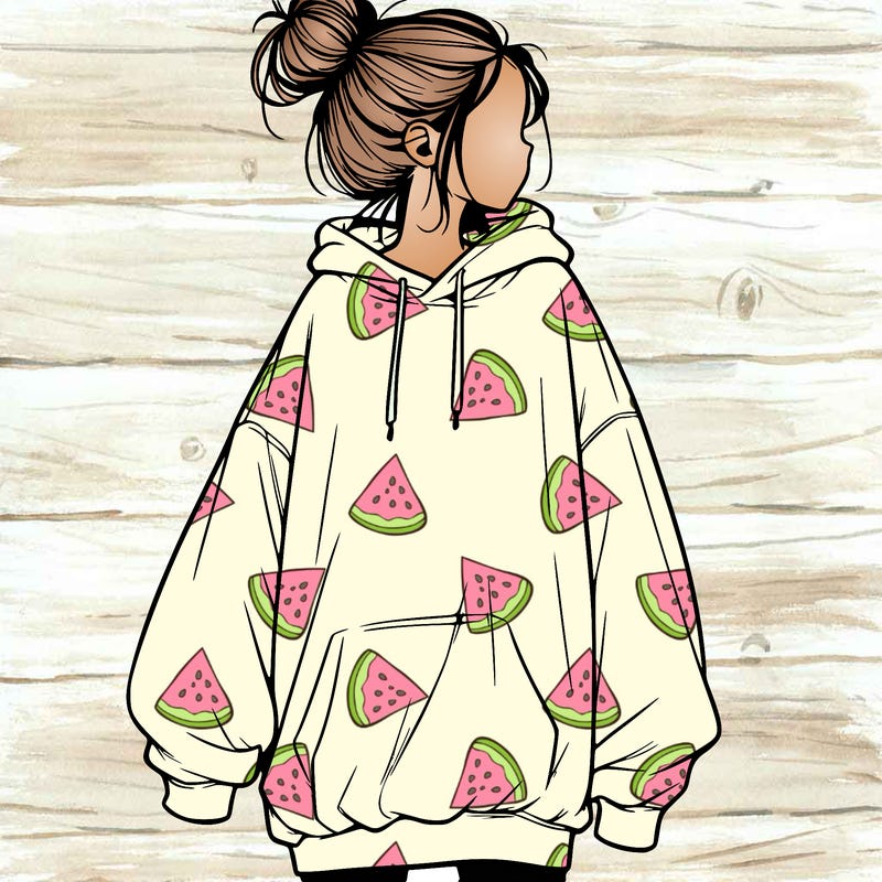 realistic girl with a oversized sweatshirt on and a bun