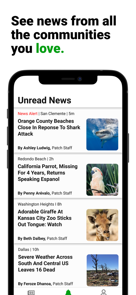 Um smartphone mostrando o feed de notícias não lidas do aplicativo Patch com histórias da comunidade local e alertas de emergência.