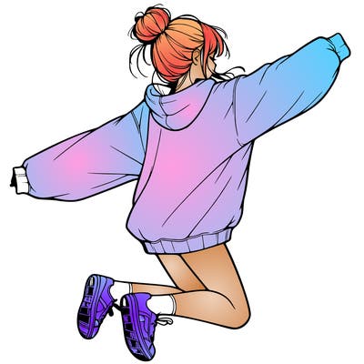 realistic girl jumping with a bun and oversized sweatshirt