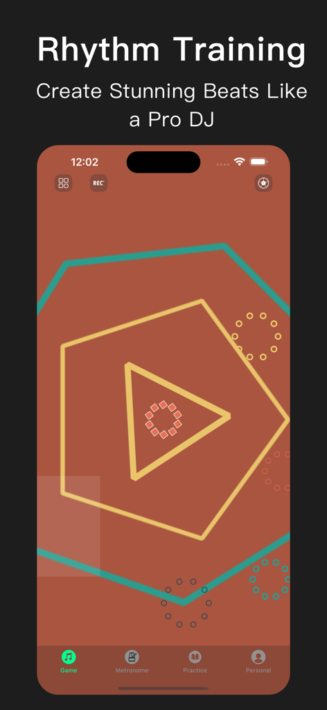 Metronome Pro - beats and BPM - Interactive rhythm training screen with geometric shapes and professional DJ beat creation features