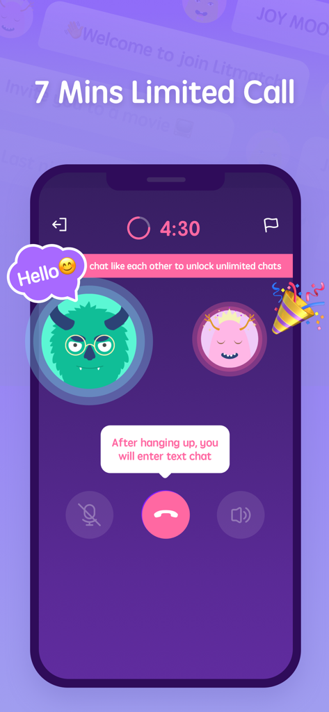 Litmatch app Voice Game interface showing a limited time voice call between user avatars