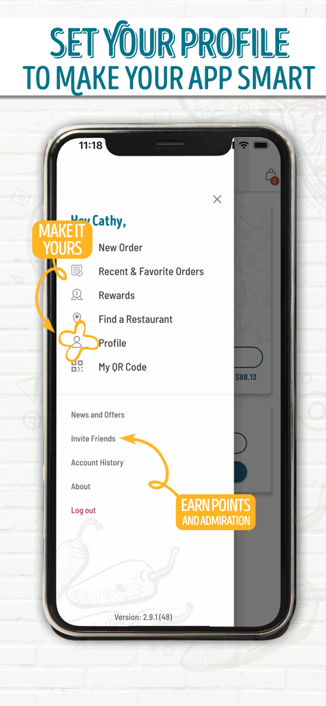 Cafe Rio - Cafe Rio mobile app side menu showing options for user profile and rewards