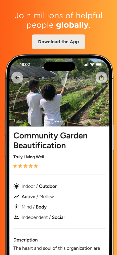 Golden: Volunteer Portal - Golden app interface showing a volunteer opportunity for Community Garden Beautification with tags for outdoor active and social engagement