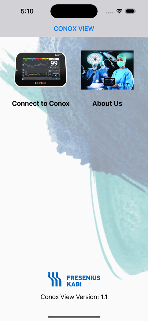 ConoxView - ConoxView app home screen showing connect to Conox monitor and about us buttons