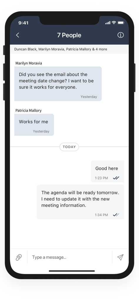A secure group chat interface within the Diligent Messenger app showing professional communication between board members.