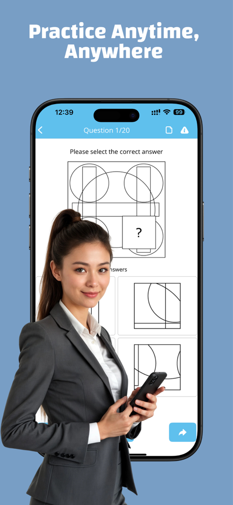 A young professional woman in a business suit holding a smartphone displaying a logical reasoning test question