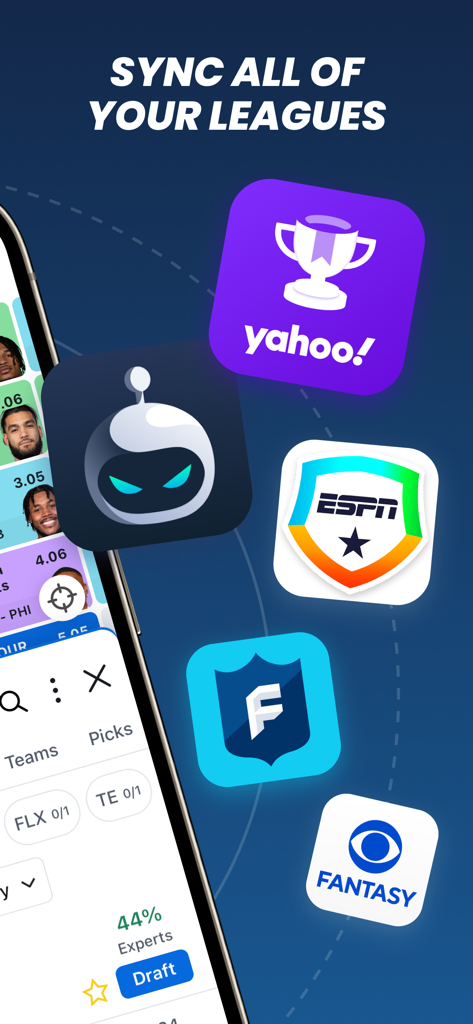 Draft Wizard app screen showing league synchronization with Yahoo, ESPN, Sleeper, and CBS Fantasy platforms.