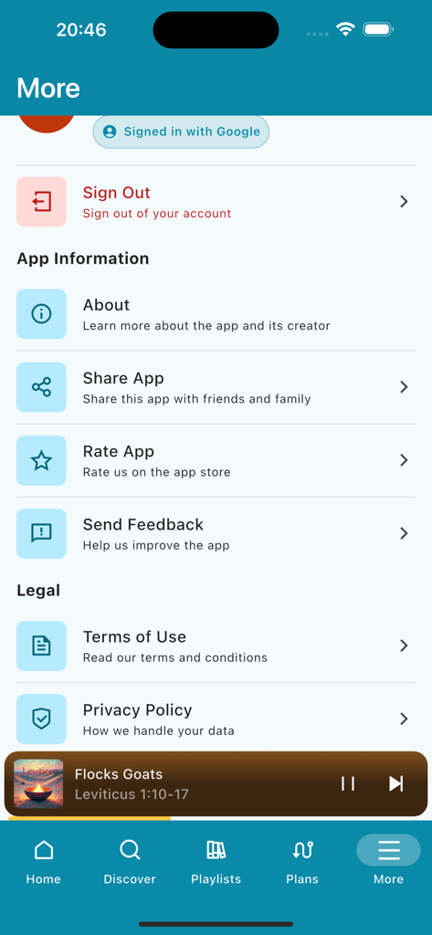 Music Bible: Scripture Songs - Settings and app information menu in the Music Bible Scripture Songs app
