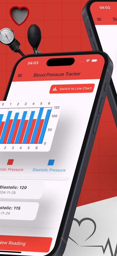 Blood Pressure Tracker & Info - A smartphone displaying a blood pressure tracking app with a detailed bar chart comparing systolic and diastolic readings over time.