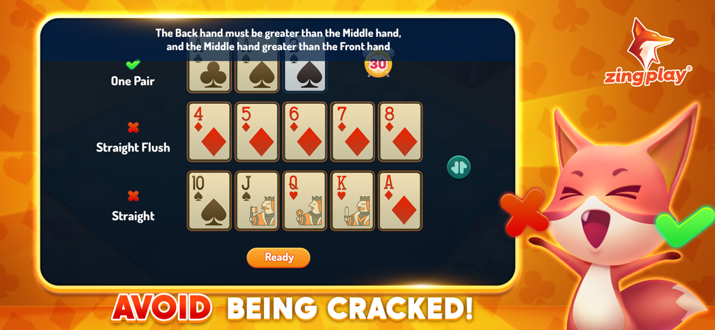 Pusoy ZingPlay - Chinese Poker - Una pantalla tutorial en Pusoy ZingPlay explicando cómo ordenar las cartas para evitar un foul en Póker Chino.