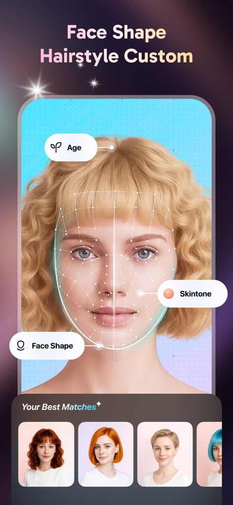 iFizz App-Oberfläche, die KI-Gesichtsform-Mapping mit personalisierten Frisuren- und Haarfarbenempfehlungen zeigt