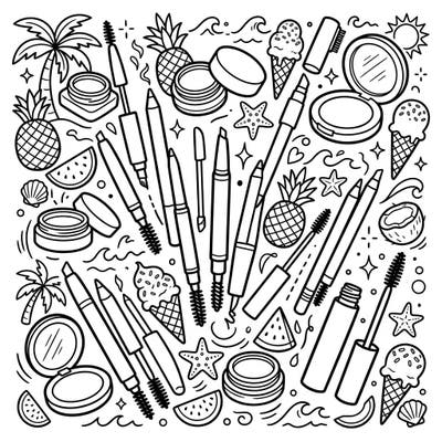 Get ready to add a splash of color to your beauty routine with this delightful summer-themed eyebrow products coloring page. Explore a charming mix of cosmetic essentials surrounded by playful beach elements and tropical treats, perfect for a relaxing creative escape.