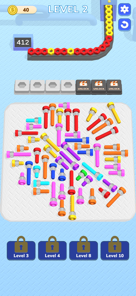 Screw Factory! - A screenshot of Screw Factory showing colorful nuts and bolts to be sorted
