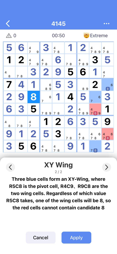 Sudoku Custom: Solve & Learn - Interface de l'application Sudoku Custom montrant une explication visuelle de la technique de résolution XY Wing sur un puzzle de niveau extrême