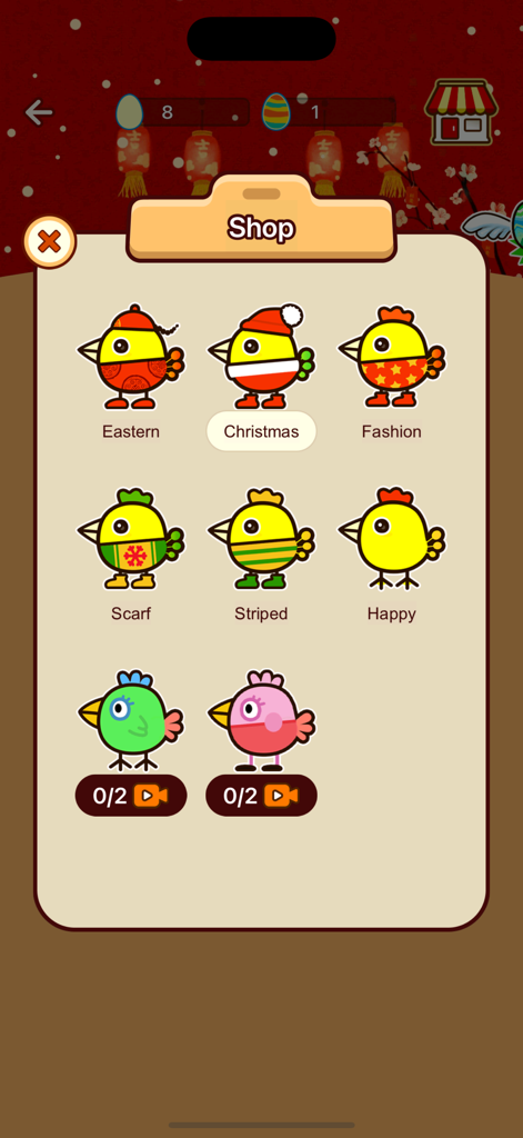 Happy Chicken: New Friends - In-game shop menu showing colorful chicken characters in various seasonal and themed outfits