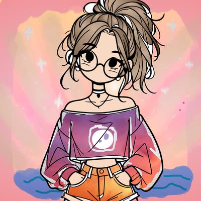 girl with a messy ponytail glasses a baggy crop top and jean shorts