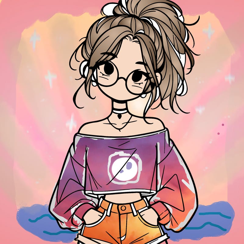 girl with a messy ponytail glasses a baggy crop top and jean shorts