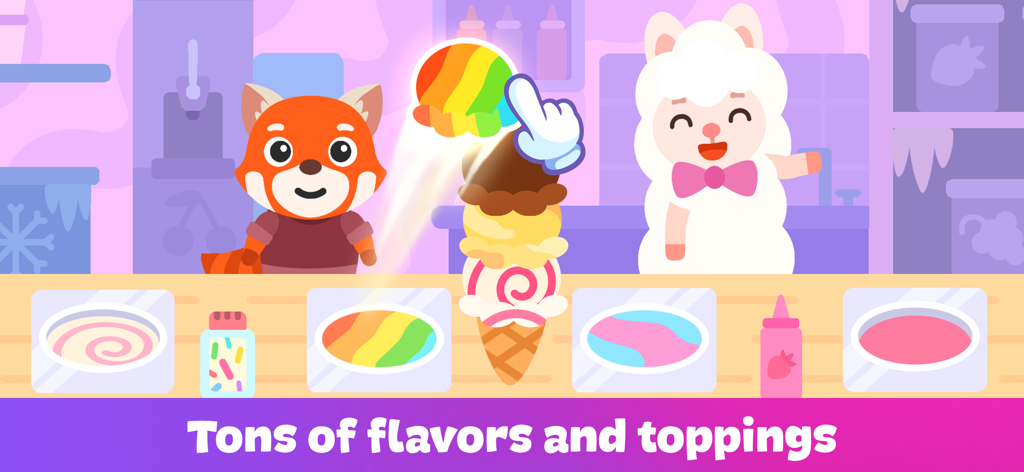 Cartoon animal characters building a colorful ice cream cone with rainbow flavors and toppings in a kitchen setting