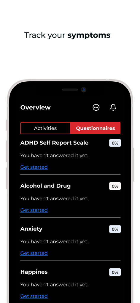 BeCare Parkinson's app interface showing the questionnaires section to track symptoms like anxiety and happiness.