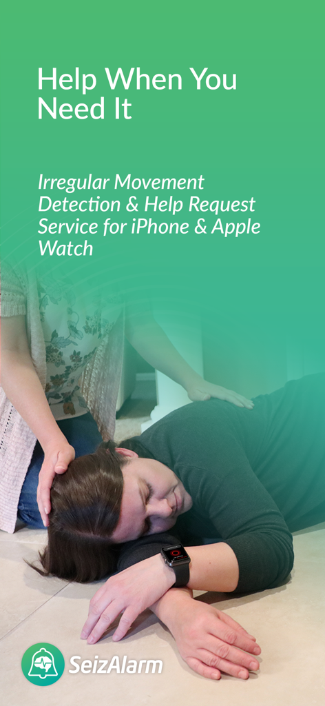 A woman lying on the floor wearing an Apple Watch with a caregiver assisting her, illustrating the SeizAlarm irregular movement detection service
