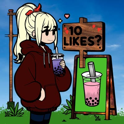 girl with oversized hoodie drinking boba and she has a high ponytail with a sign that says 10likes?