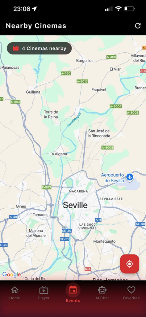 Rodjo app map interface showing nearby cinemas in Seville