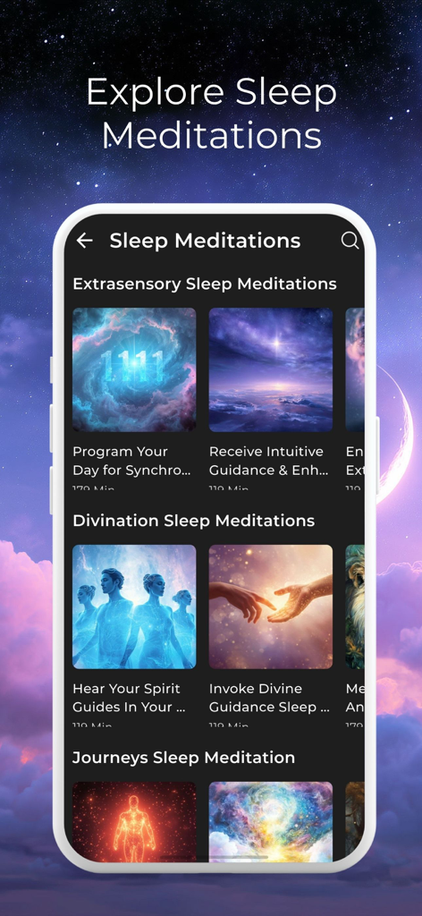 Sleep Time: Sleep Meditations - Interface of the Sleep Time app displaying various spiritual sleep meditation categories and tracks