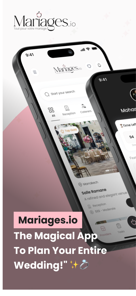 Interface de l'application mobile Mariages.io pour la planification de mariage et la recherche de prestataires