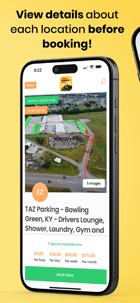 Truck Parking Club mobile app showing parking location details with pricing and amenities