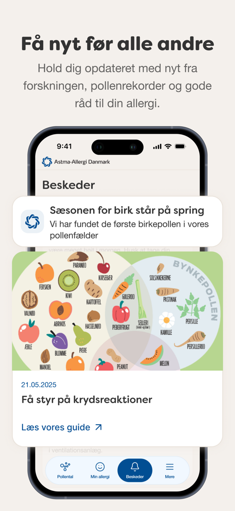 Smartphone screen displaying allergy notifications and a cross reaction food guide in the Dagens Pollental app