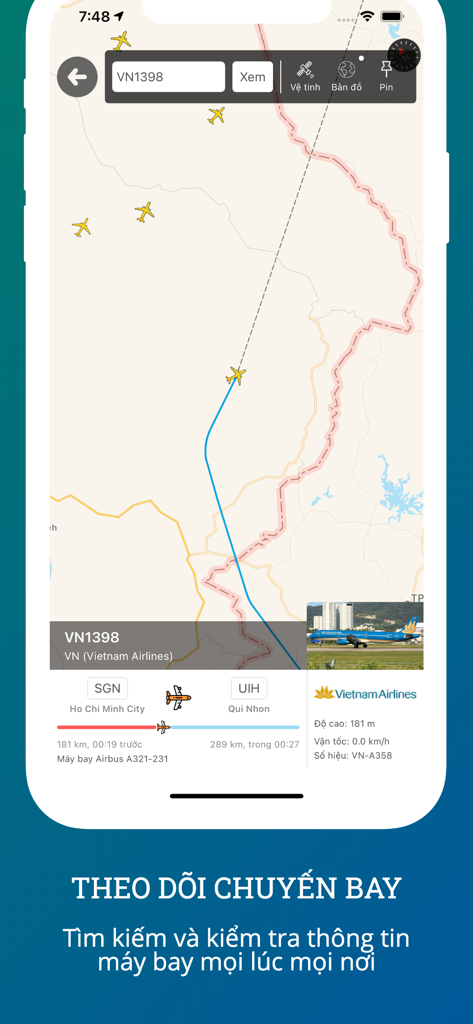 Săn Vé Máy Bay Giá Rẻ 12Bay.vn - ホーチミン市からクイニョンへのベトナム航空の飛行経路を表示する12Bayアプリのリアルタイムフライト追跡マップ