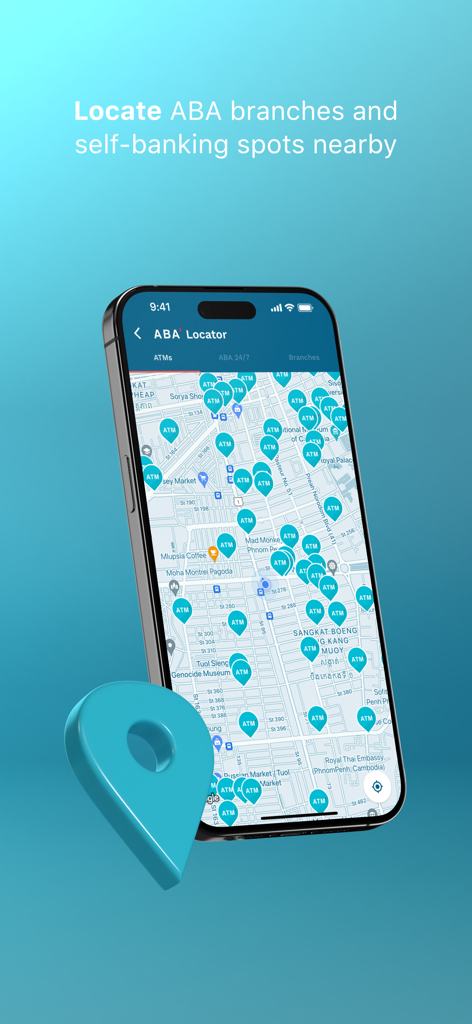 Pantalla de la aplicación ABA Mobile Bank mostrando un mapa con ubicaciones de cajeros automáticos y sucursales