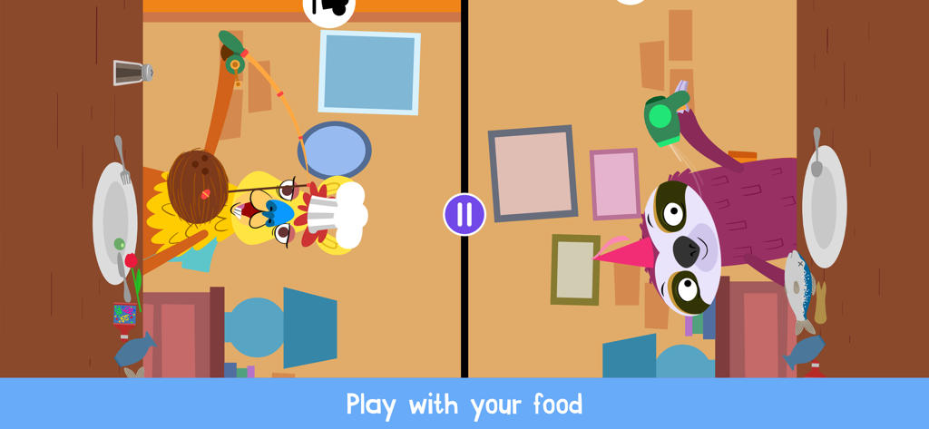 Modalità split-screen per due giocatori in Sizzle and Stew che mostra un lama e un bradipo che giocano con il cibo usando strumenti non convenzionali.