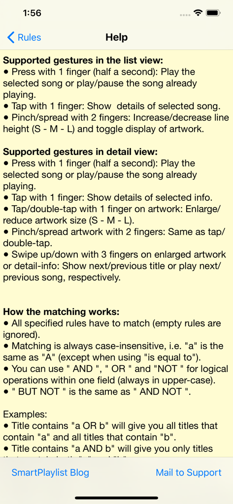Help screen of the SmartPlaylist app displaying supported gestures and Boolean logic rules for matching songs