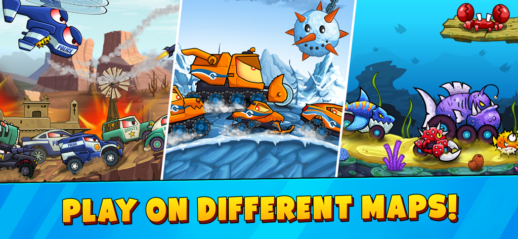 Car Eats Car 3 - Racing Cars - Exibição de diferentes ambientes de corrida em Car Eats Car 3, incluindo mapas de deserto, neve e subaquáticos