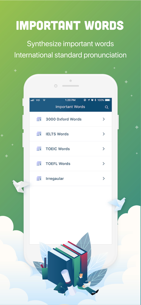 Interfaz de la aplicación VDict que muestra categorías de vocabulario para palabras IELTS TOEIC TOEFL y Oxford
