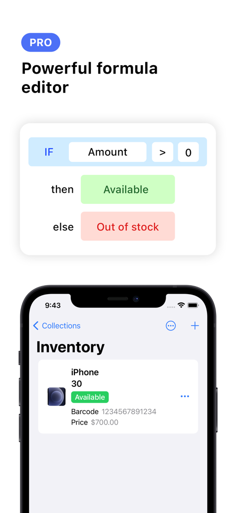 Collections Database - A screenshot of the Collections Database app showing the powerful formula editor using conditional logic for inventory management