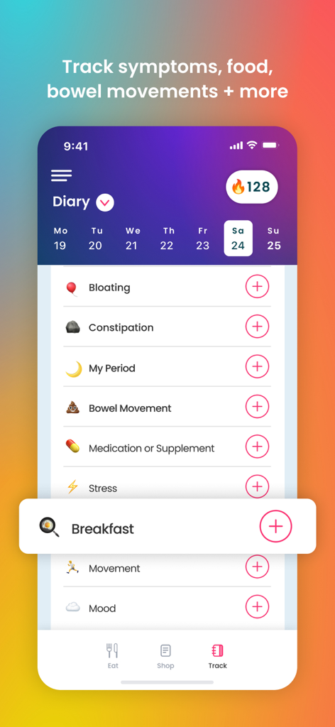Tummily: Gut & IBS Tracker - A mobile interface of the Tummily app showing a daily diary to track bloating constipation bowel movements and meals