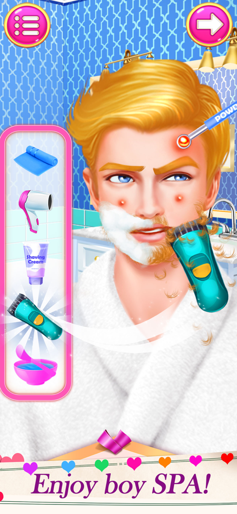 Makeup Games Girl Game for Fun - Um personagem masculino recebendo barba e tratamento de pele no Jogos de Maquiagem para Meninas