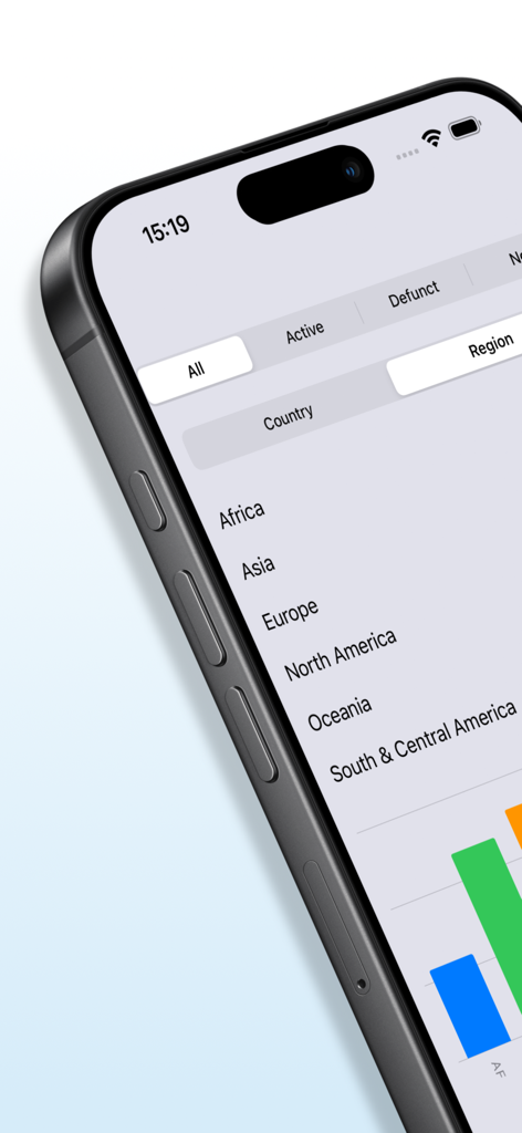 Smartphone screen showing the AirlineTrivia app region selection and airline statistics
