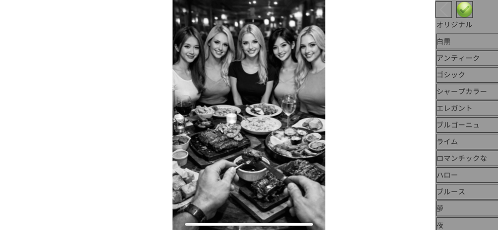 PhotosFactory - Schwarz-Weiß-Foto-Bearbeitungsoberfläche mit einer Liste von Filtern auf Japanisch