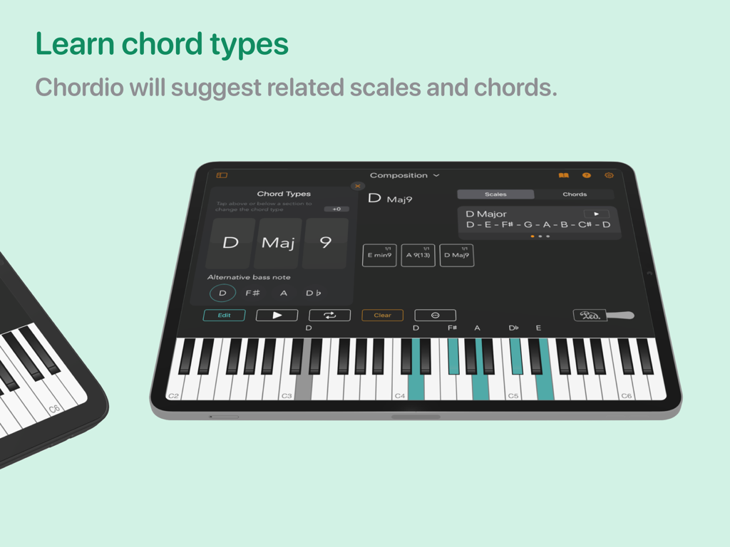 Chordio: compose & learn music - Chordio app interface on iPad showing chord type selection and suggested scales with a highlighted piano keyboard.