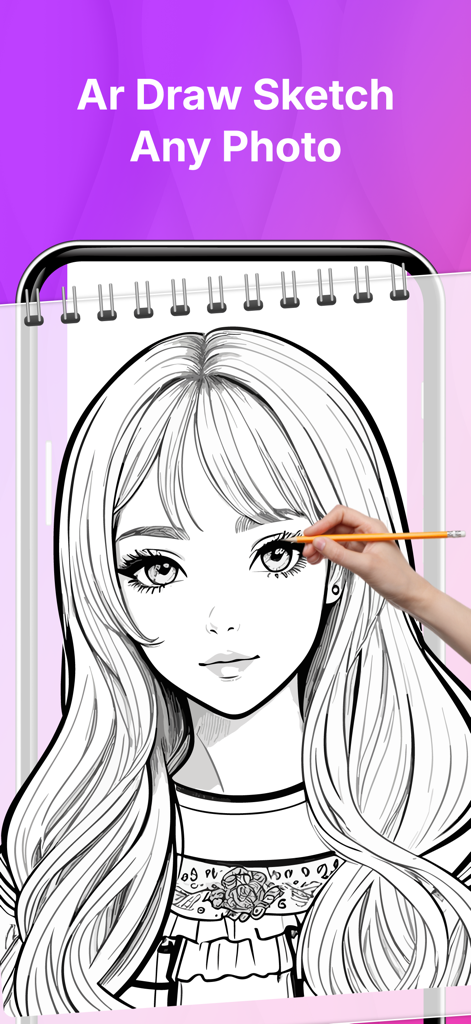 A hand using a pencil to trace a detailed anime girl sketch on a mobile phone screen