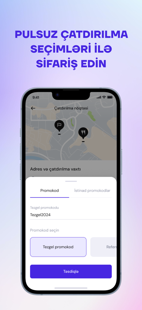 TEZGEL Online - Tezgel Online app promo code entry screen with a delivery map background