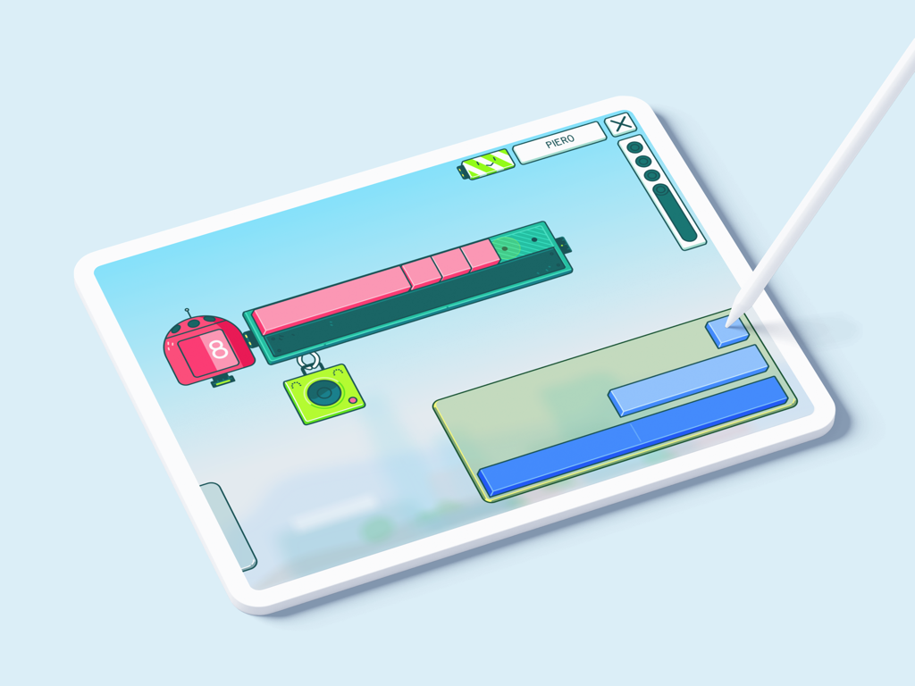 A student using a stylus on an iPad to play a math game in the appolino app.