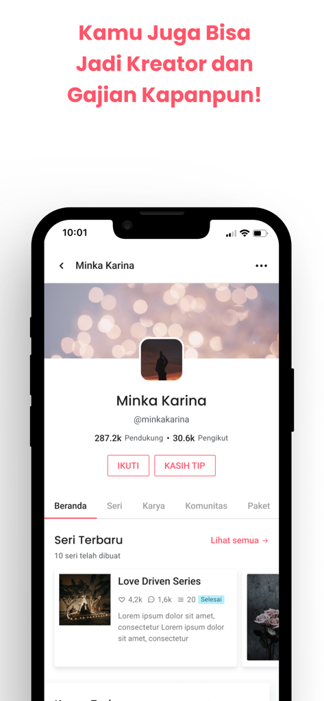 KaryaKarsa - Schermata mobile dell'app KaryaKarsa che mostra la pagina del profilo di un creatore con opzioni di donazione e serie recenti